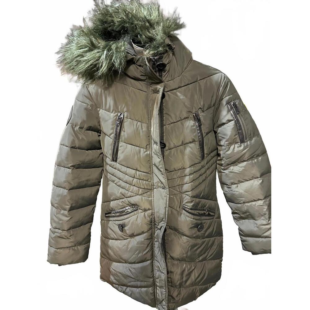 Diesel Women’s Puffer Coat Faux Fur Hood Olive Size 14
